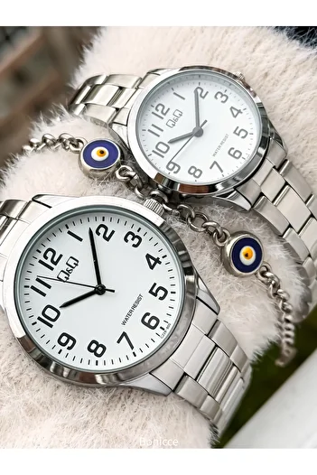 Q&Q Brand Silver Color Steel Band,White Dial, Numeral Lover Watch + Bracelet Rosary