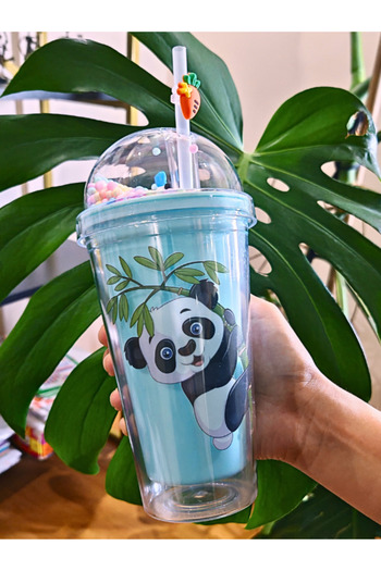 Deco Elit Cute Panda Themed Double Layer 450ml Water Bottle with Straw Mica Flask Blue 2770