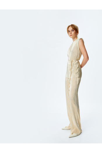 Koton High Waist Shiny Pleated Palazzo Pants with Tie Waist