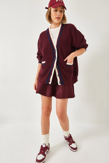 Bianco Lucci Women's Hair Braided Button Detailed Stripe Pocket Cardigan 241143 60261326