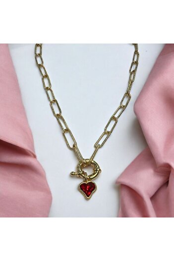 Store Red Heart Stone Design Paperclip Necklace