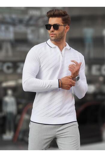Madmext White Zippered Men's Knitwear Sweater 6824