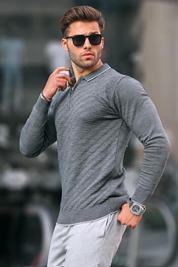 Madmext Anthracite Zippered Men's Knitwear Sweater 6824