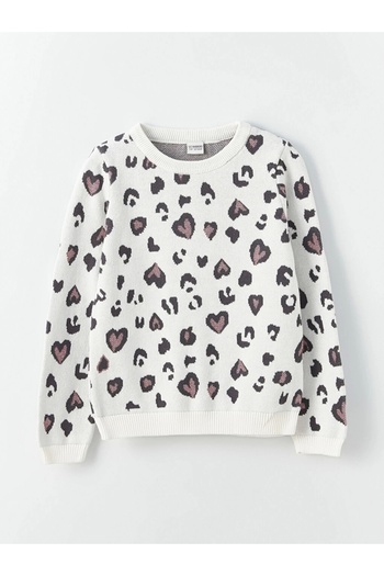 LC Waikiki Lcw Kids Ecru Crew Neck Print Long Sleeve Girls Knitwear Sweater