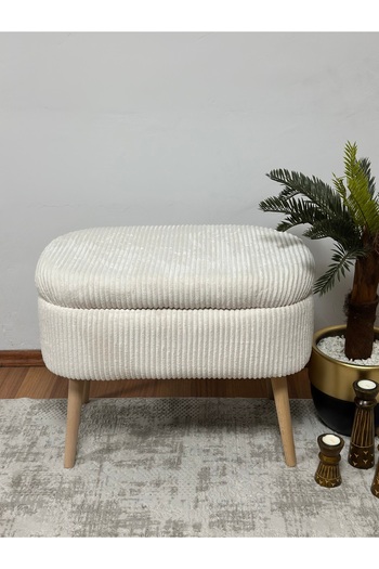 KOKİ DESİGN MİNİ OSLO İthal Premium Kumaş Fitilli Kadife Krem Sandıklı Bench Puf