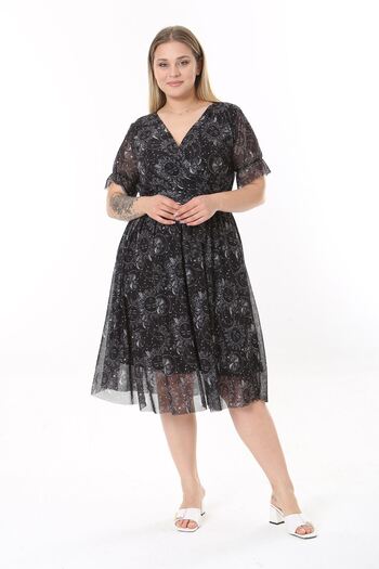 modayız Double Breasted Collar Large Size Patterned Short Sleeve Dress 27C-2533
