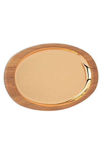 Alsaif Gallery Serving Tray Steel, Al Seif Gallery, 55×32×4 cm, Oval, Wooden Edge, Large - Gold