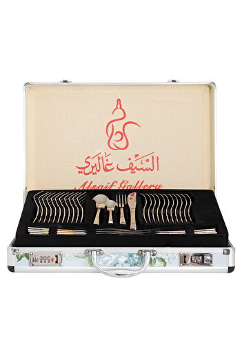 Alsaif Gallery Saif Gallery Stainless Steel Spoon Set with Aluminum Case, 72 Pieces, Gold Silver Pattern