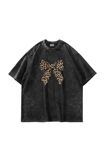 Sekizbiraltı Leopard Printed Oversize Unisex Black T-Shirt - Bow 24/1