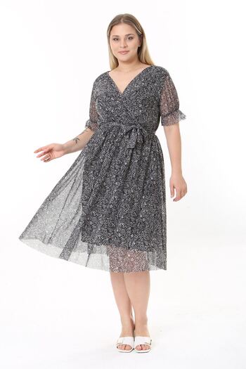 modayız Double Breasted Collar Large Size Patterned Short Sleeve Dress 21D-2532
