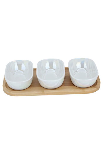 Alsaif Gallery Saif Gallery Porcelain Yogurt Set, 3 Pieces, Deep Oval, with Wooden Dish - White
