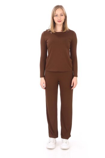 penyebizden Brown Viscose Women's T-Shirt and Pants Set
