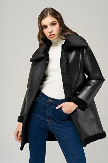 Olcay Zipper Closure Fur Lined Leather Coat BLACK 6513-D