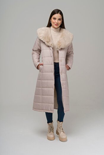 Olcay Medium Length Quilted Coat with Removable Collar and Fur TAŞ 6506