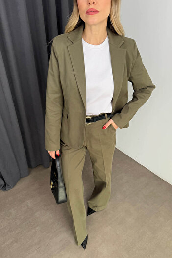 Sue Store Khaki Velvet Thin Ribbed Elastic Waist Palazzo Trousers