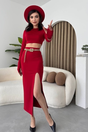 barış sülün lovebox Red Crop Blouse and Midi Skirt Set - Hand Fitting and Slit Detail 287