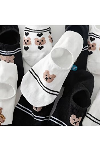 çorapmanya 5 Pairs Panda/Cow Patterned White Patterned Women's Booties Socks
