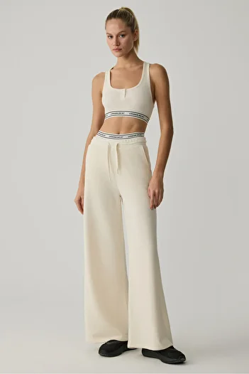 Urban Beat Women's Elastic Waist Wide Leg Relaxed Ecru Sweatpants