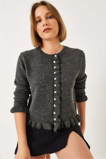 Bianco Lucci Women's Buttoned Ruffled Knitwear Cardigan 20246946