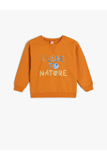 Koton Cotton Slogan Printed Long Sleeve Crew Neck Raised Sweatshirt