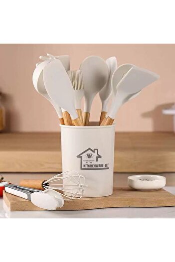 ABAREEK Silicone Kitchen Tool Set with Wooden Handle and Storage Bucket, Heat Resistant, White 12 Pcs