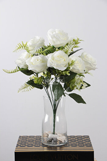 Yapay Çiçek Deposu Buchet de 9 trandafiri cu garnitura de flori artificiale 42 cm alb