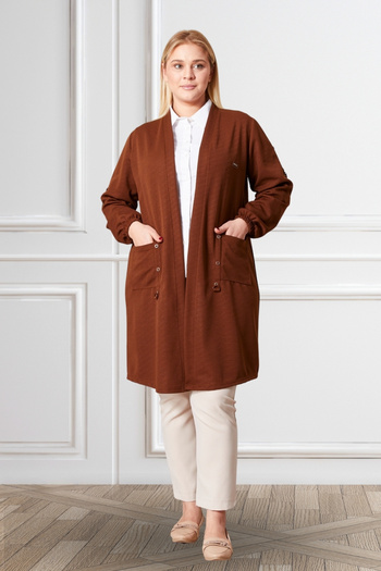 Ferace Large Size Women's Organ Cardigan - Celik Ottoman Brown