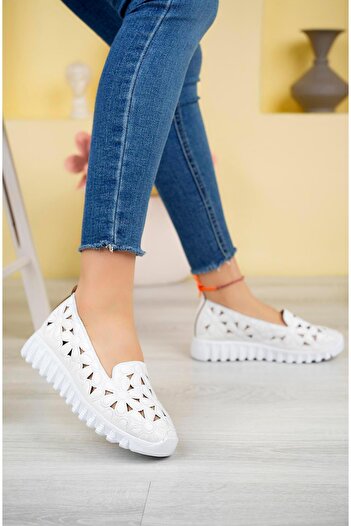 Aymood Laser Cut Ballerina Flats Λευκό δέρμα Λευκό δέρμα Λευκό δέρμα