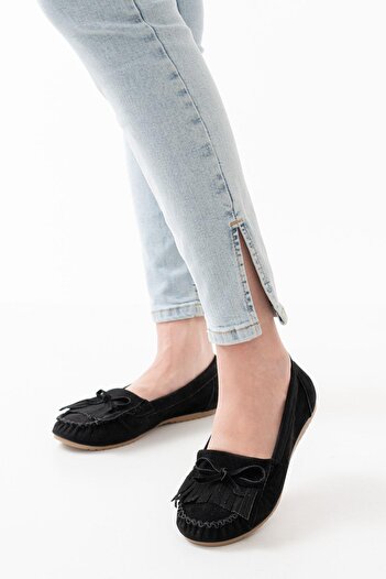 Aymood PS-100 Black Suede Daily Tasseled Women's Ballerinas