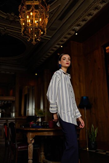 ALLDAY Stone-Navy-100% Cotton Striped Shirt Tunic