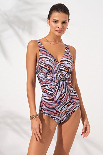Pierre Cardin Stella V-Neck Buckle Corset Swimsuit Tiger 231133-t