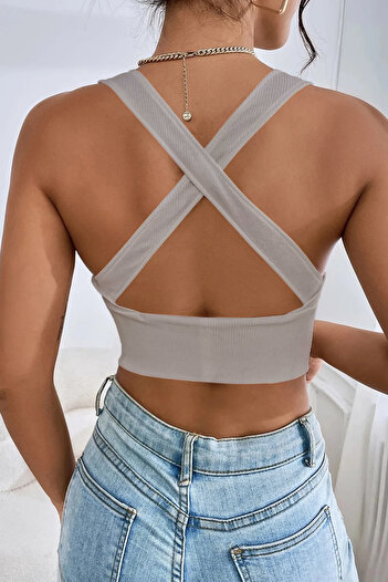 Terapi Men Kadın Gri Çapraz Sırt Detaylı Crop Top Bluz