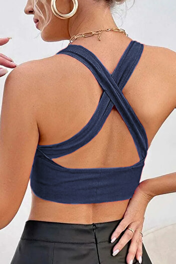 Terapi Men Kadın İndigo Çapraz Sırt Detaylı Crop Top Bluz