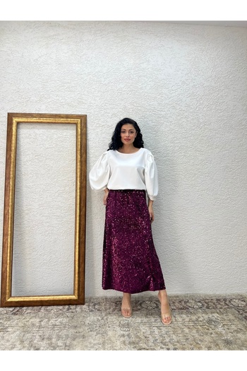 KÜÇÜĞÜM BUTİK Burgundy Long Sequin Skirt