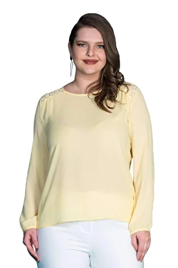 Hanezza Women's Plus Size Crepe Fabric Shoulder Lace Detailed Yellow Long Sleeve Blouse