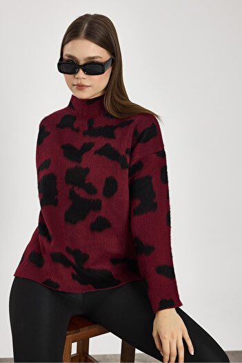 Rays 24371 Pulover leopard cu guler ridicat Roșu Claret-Negru