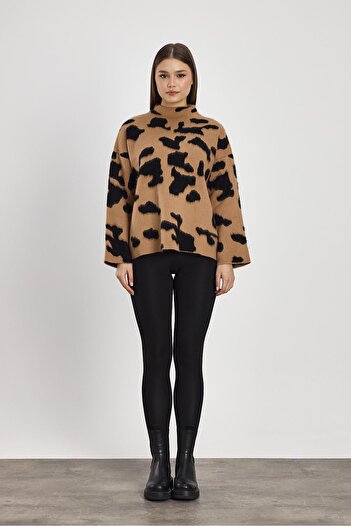 Rays 24371 - Pulover negru cu guler ridicat, biscuit, leopard