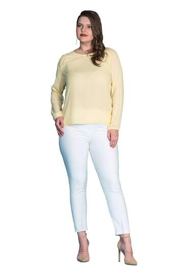 Hanezza Women's Plus Size Crepe Fabric Shoulder Lace Detailed Yellow Long Sleeve Blouse