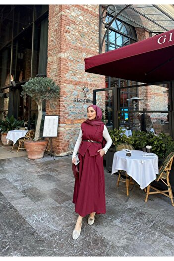 Miraydın Butik Burgundy Women's Belted Vest and Skirt Set - Hijab