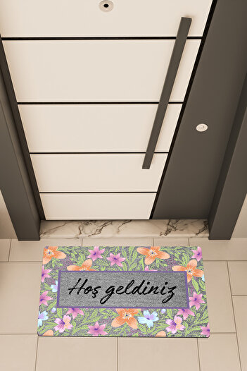 Dormot High Quality Digital Printing Gray, Colorful Flower Frame Themed Door Front Mat