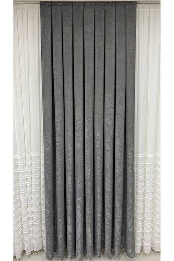Fon Dünyası Velvet Textured Luxury Background Curtain Gray Tight Pleat (Single Wing)