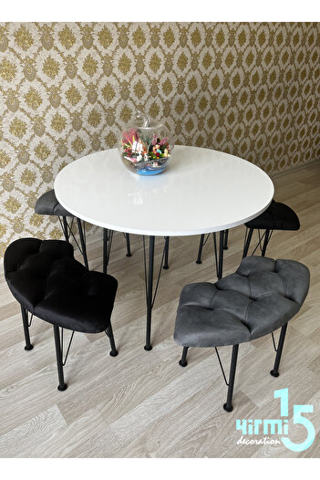 Yirmi15 Beyaz Yuvarlak Masalı Bench Takımı Bench & Puf takımı Beyaz  Masa Füme-Siyah Bench