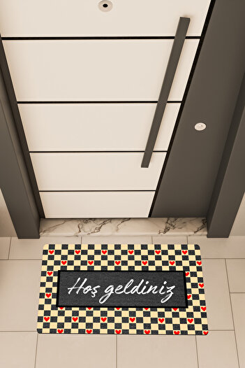 Dormot High Quality Digital Printing Black, Checker Heart Pattern Frame Themed Door Front Mat