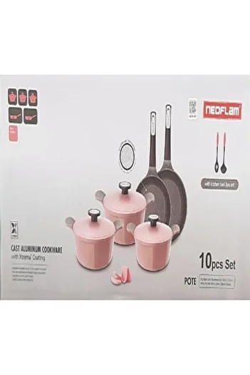 NEOFLAM ,Pote,10pcsCooking set+Gift,Die cast aluminum,Ecolon coating,non stick,Pink Marble color.