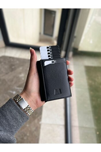 Deriza Unisex Retro 2660 Black Genuine Leather Mechanism Wallet