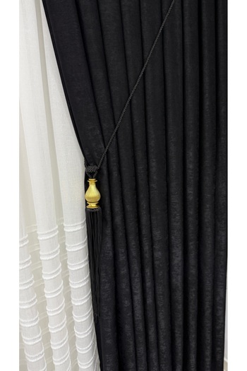 Fon Dünyası Velvet Textured Luxury Background Curtain Black Close Pleat (Single Wing)