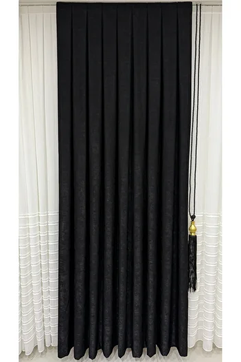 Fon Dünyası Velvet Textured Luxury Background Curtain Black Close Pleat (Single Wing)
