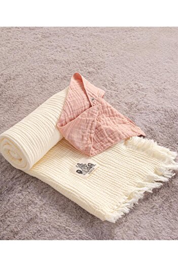 Kibele Ecru 4 Layer Muslin Tasseled Baby & Kids Blanket 100% Cotton 110*110