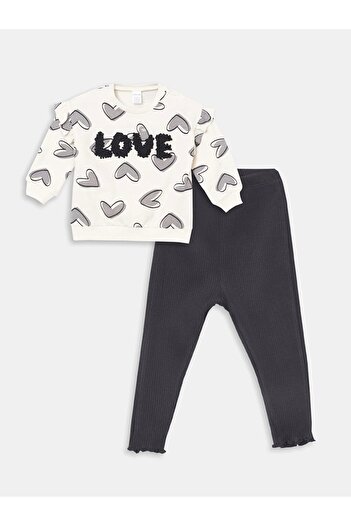 LC Waikiki Lcw Baby Ecru Crew Neck Printed Baby Girl Sweatshirt and Leggings 2Pcs
