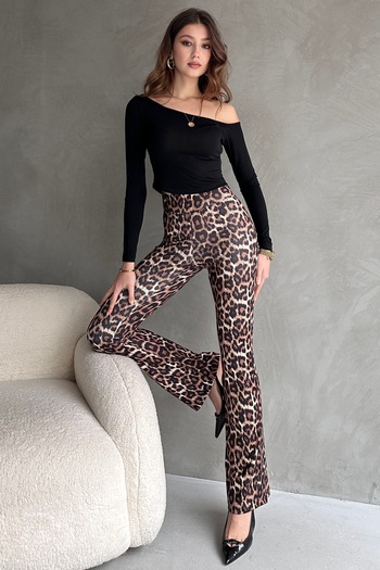 FEWTİNT High Waist Elastic Leg Flared Trousers - Spanish Paca